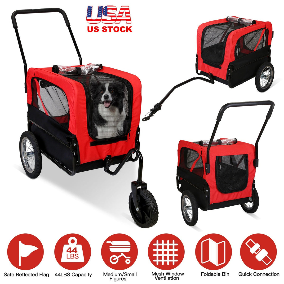 2-in-1 Pet Bike Trailer And Stroller with Canopy Bicycle Carrier Bicycle Cargo Wagon Trailer 44LBS Weight Capacity For Small Medium Dogs Cats