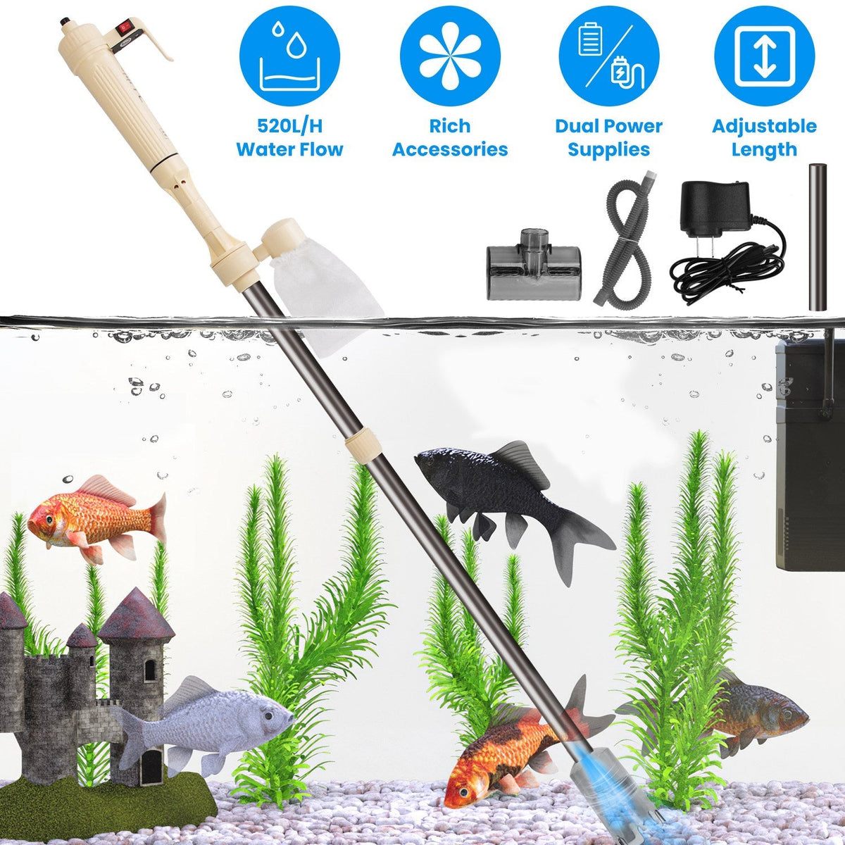 Multifunctional Electric Aquarium Gravel Cleaner Kit Length Adjustable Automatic Fish Tank Vacuum Cleaner Change Water Wash Sand Filter Dirt Removal
