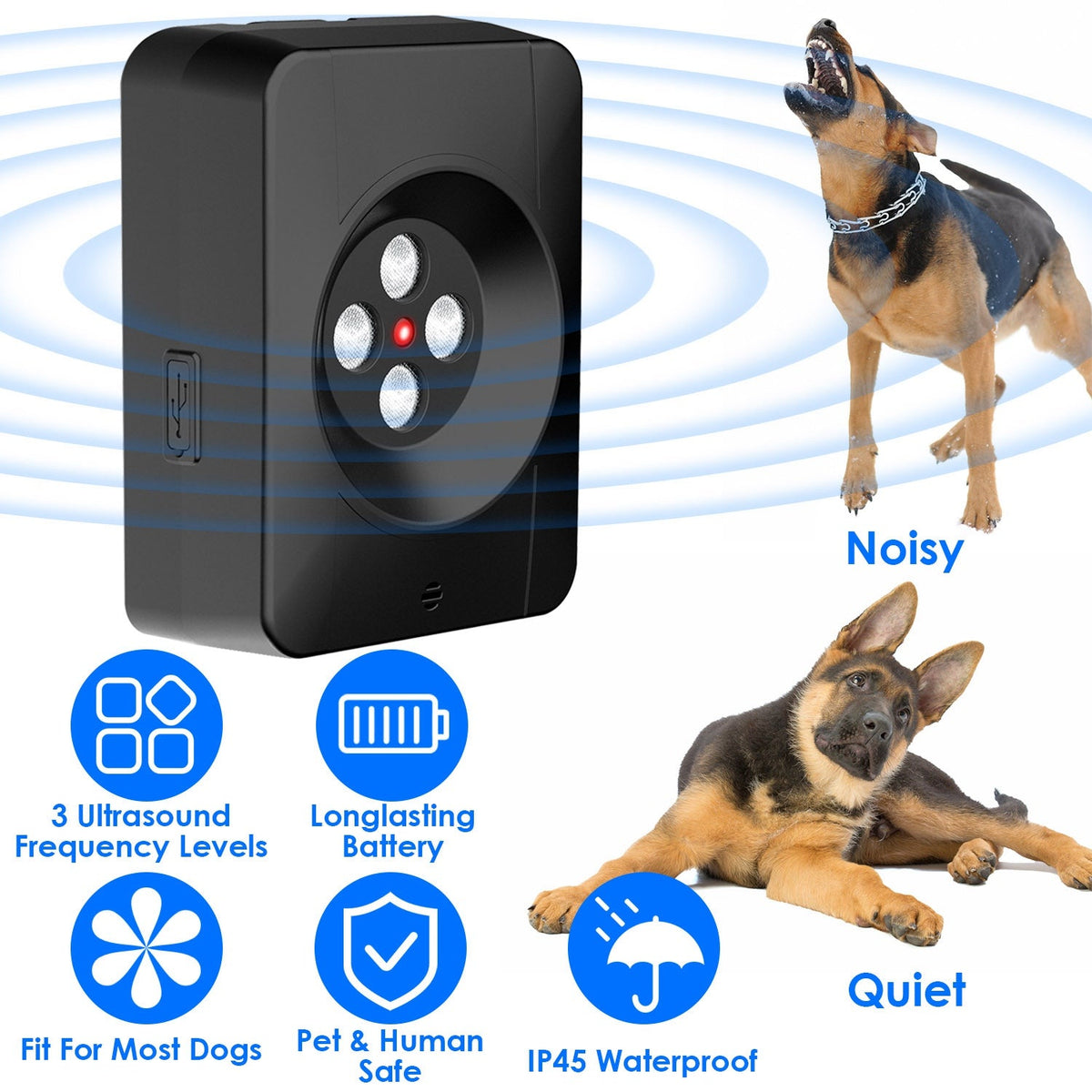 Ultrasonic Anti-barking Device Indoor Outdoor Dog Bark Control with 3 Frequency Levels Max 32.8Feet Sensing Distance for Most Dog Sizes