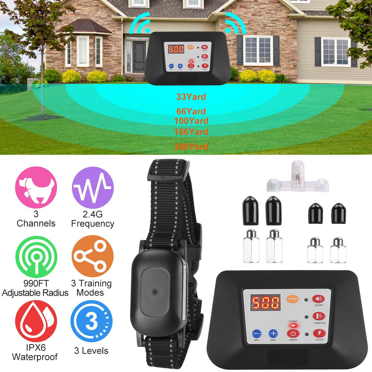 990FT Radius Dog Training Collar Wireless Fence IPX6 Waterproof Pet Beep Vibration Electric Shock Fence System 3 Channels Rechargeable Transmitter Rec