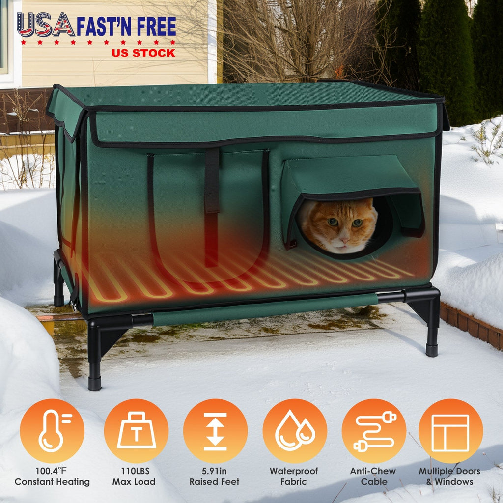Waterproof Heated Cat House Outdoor Weatherproof Insulated Kitty Shelter Feral Cat Heating Bed with Heating Pad Anti-Chew Cord 2 Doors 3 Windows for I