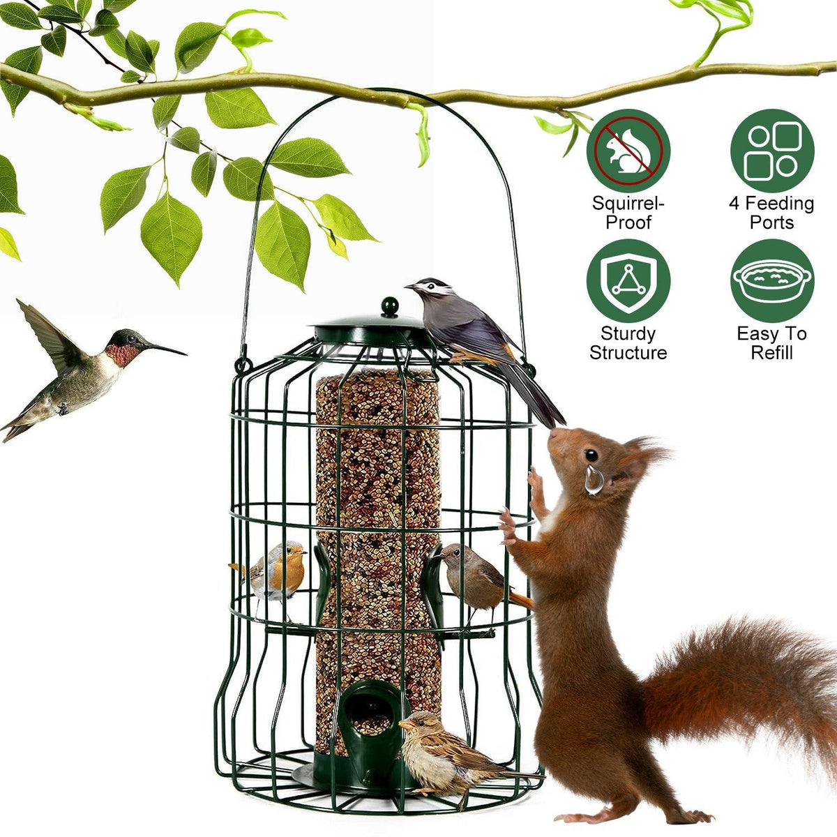 Outdoor Wild Bird Feeder Squirrel-Proof Chew-Proof Metal Hanging Seed Feeder with 4 Feeding Ports for Small Songbirds