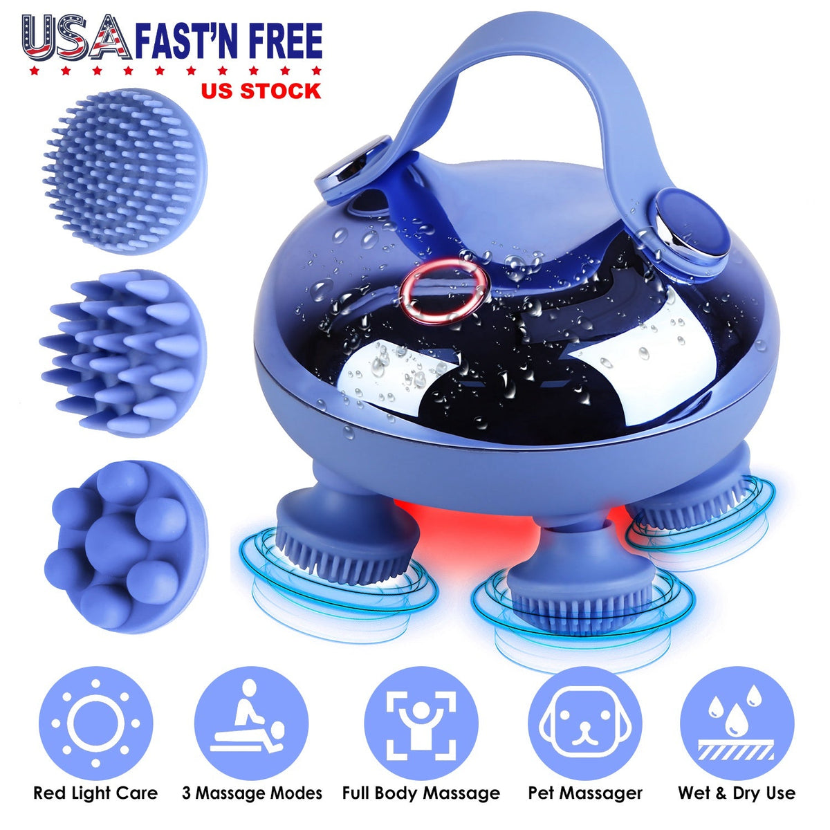 Electric Scalp Massager Rechargeable Head Mssager IPX7 Waterproof Dog Cat Massager with Red Light 3 Modes 3 Types of Massage Claws for Men Women Elder