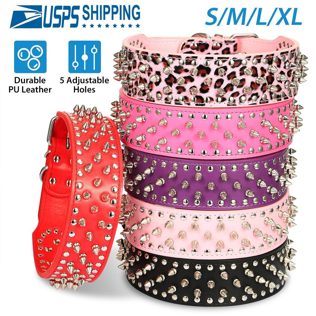 Dog Leather Collar Spiked Studded Pet Dog Collar Adjustable Neck Pitbull Mastiff Collar
