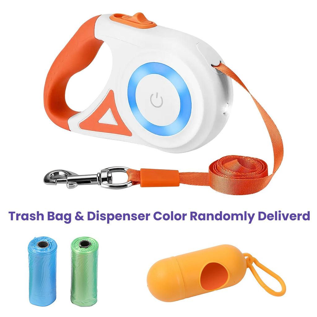 16FT Retractable Dog Leash Extendable Pet Leash Dog Walking Leash with Flashlight RGB Light 2 Rolls of Waste Bags Dispenser Fit for 66-110lbs