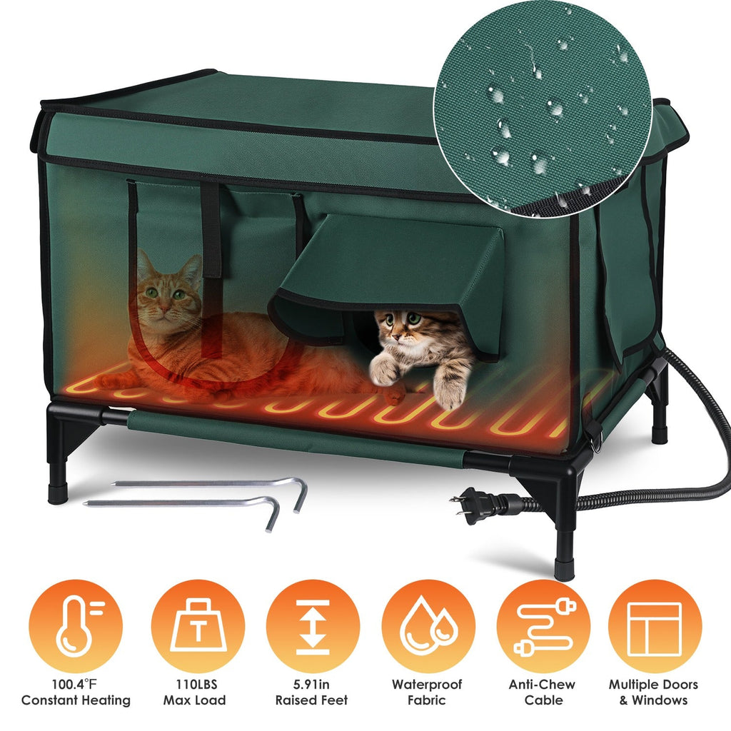 Waterproof Heated Cat House Outdoor Weatherproof Insulated Kitty Shelter Feral Cat Heating Bed with Heating Pad Anti-Chew Cord 2 Doors 3 Windows for I