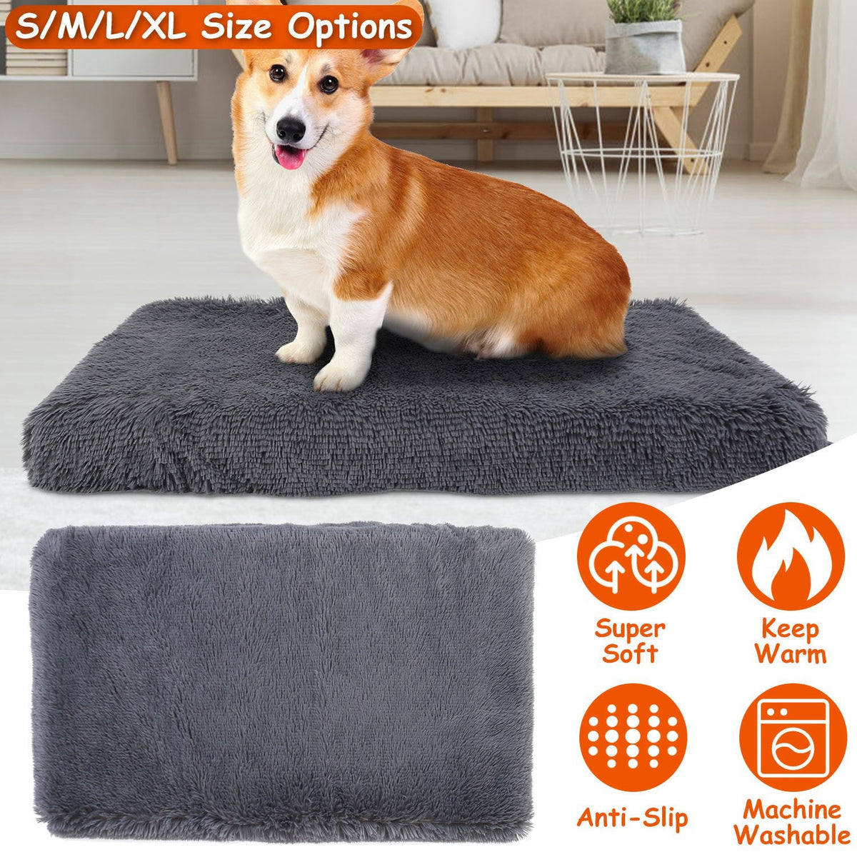 Dog Bed Soft Plush Cushion Cozy Warm Pet Crate Mat Dog Carpet Mattress with Long Plush for S/M Dogs