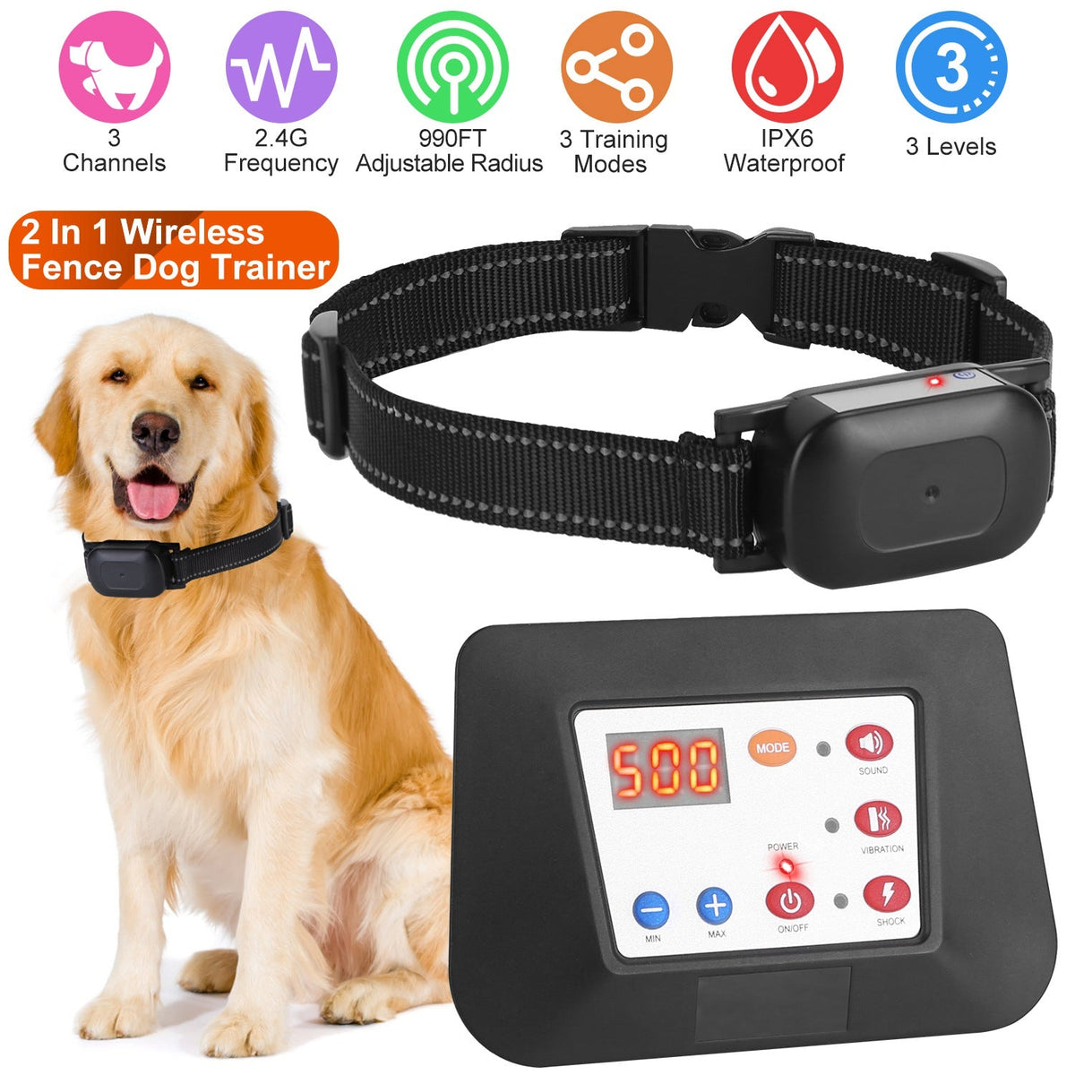 990FT Radius Dog Training Collar Wireless Fence IPX6 Waterproof Pet Beep Vibration Electric Shock Fence System 3 Channels Rechargeable Transmitter Rec