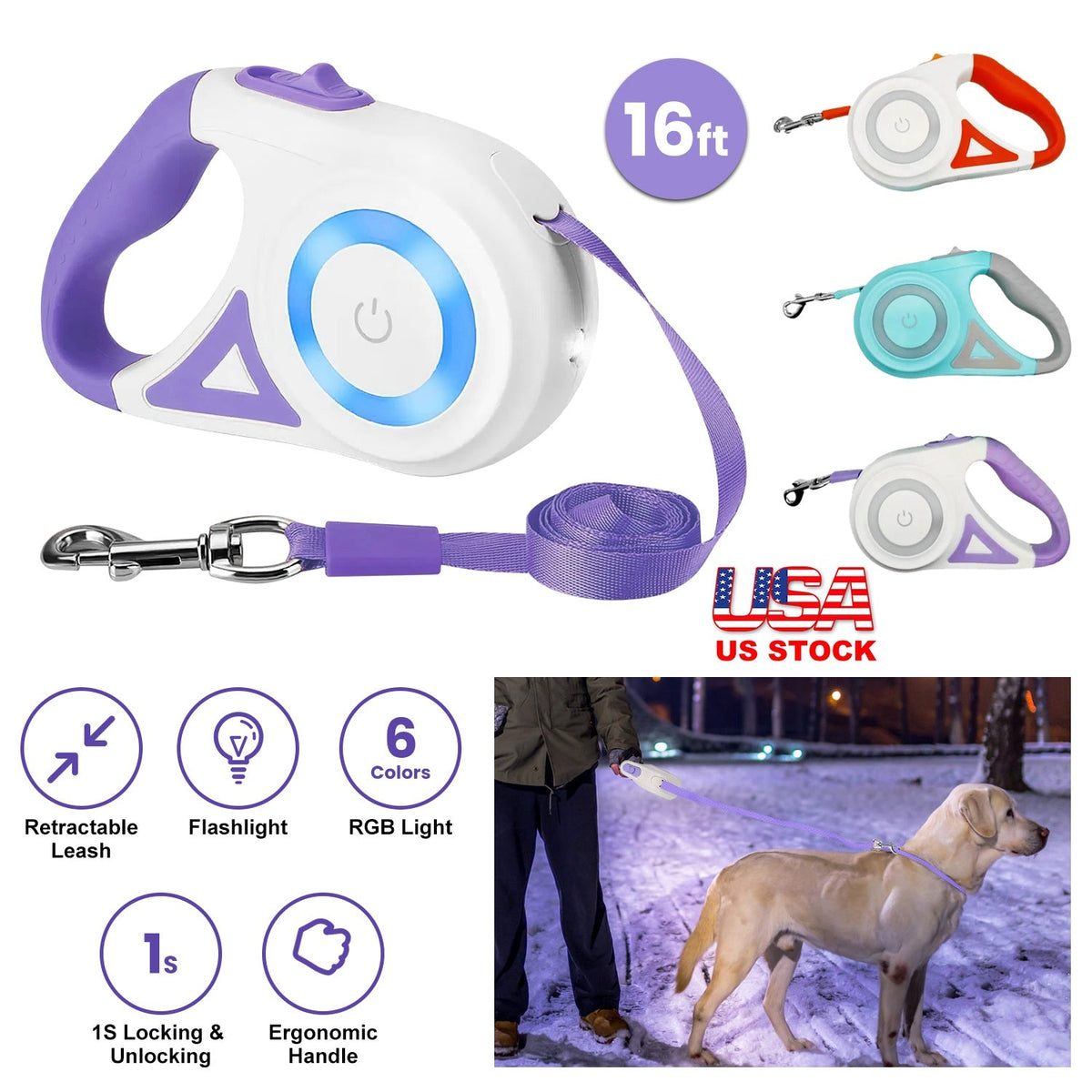 16FT Retractable Dog Leash Extendable Pet Leash Dog Walking Leash with Flashlight RGB Light 2 Rolls of Waste Bags Dispenser Fit for 66-110lbs