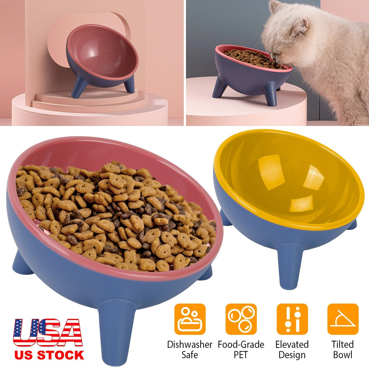 Raised Tilted Elevated Cat Food Bowl Pet Backflow Prevention Water Dish Feeding Bowl for Cats Small Dogs