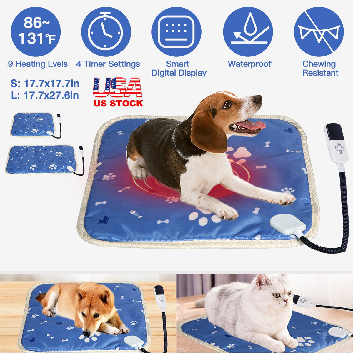 Pet Heating Pad Electric Dog Cat Heating Mat Waterproof Warming Blanket with 9 Heating Levels 4 Timer Setting Constan On Function Chewing-resistant S/