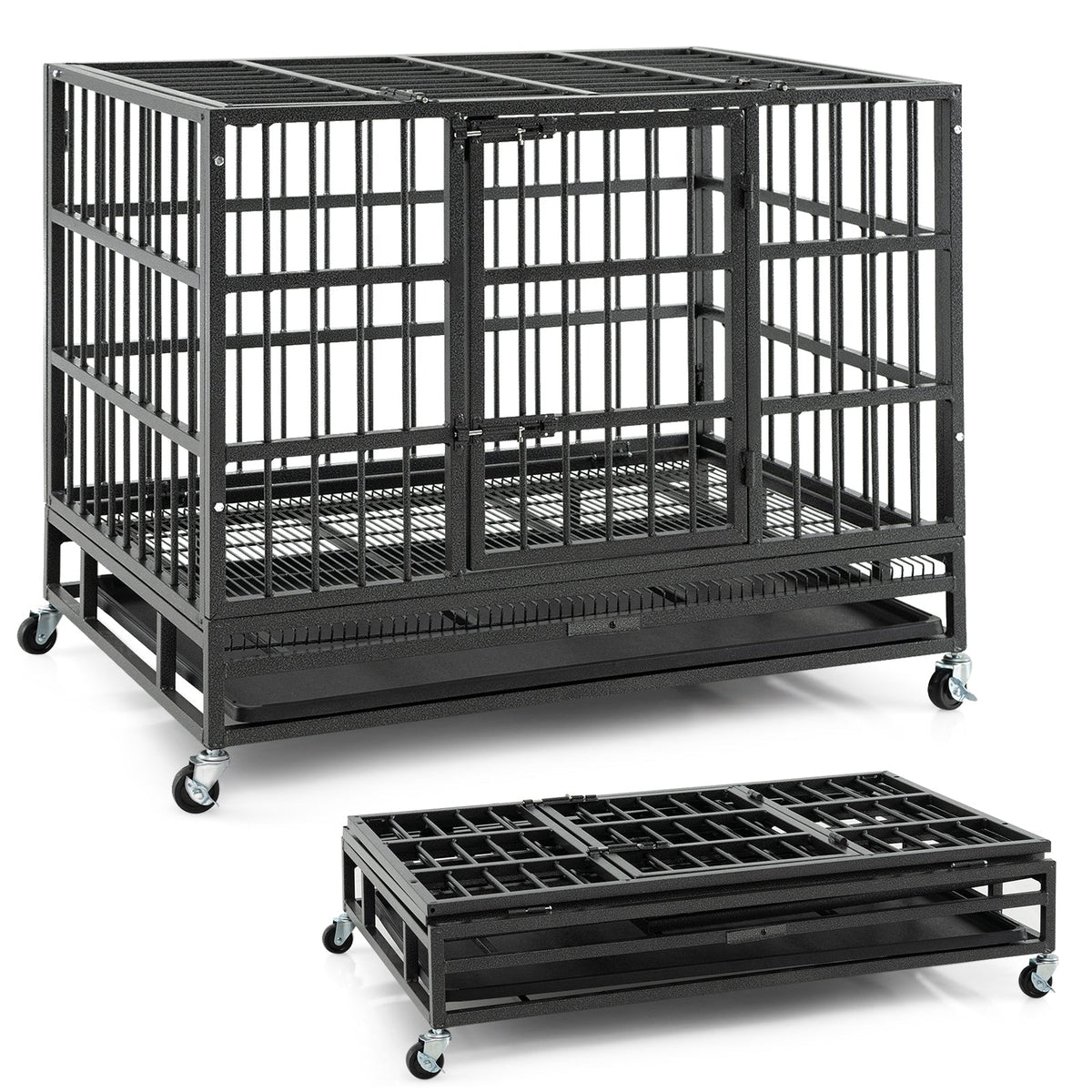 38 Inch Foldable Heavy-Duty Metal Dog Cage with Lockable Rolling Casters and Tray-38 inches