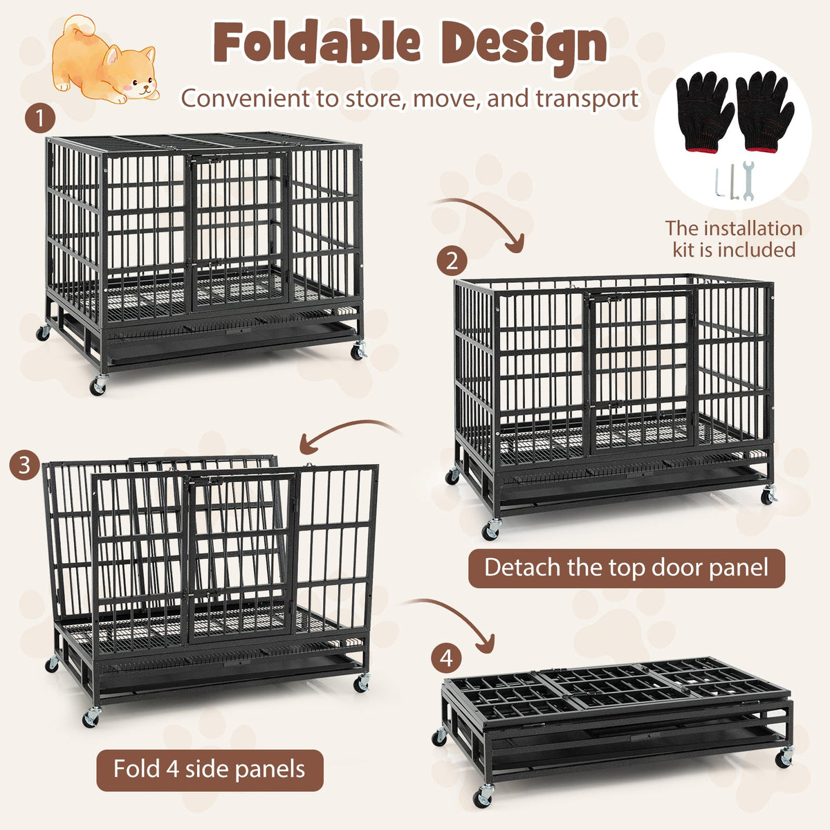 38 Inch Foldable Heavy-Duty Metal Dog Cage with Lockable Rolling Casters and Tray-38 inches