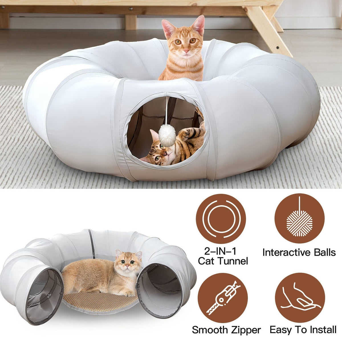 Indoor Cat Tunnel Bed with Interactive Hanging Ball Circle Cat Tunnel Cooling Fabric Central Soft Mat Flexible Design Foldable Tunnel for Cats Puppy