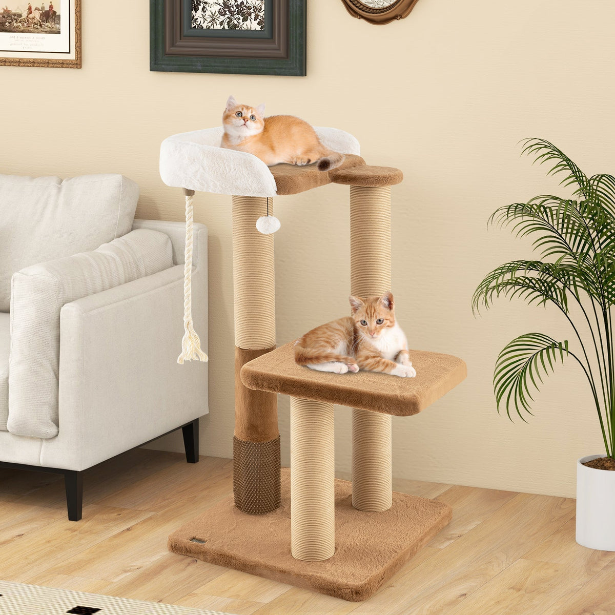 44 Inches Modern Cat Tree for Indoor Cats with Plush Padded Perch and Dangling Ball-Coffee
