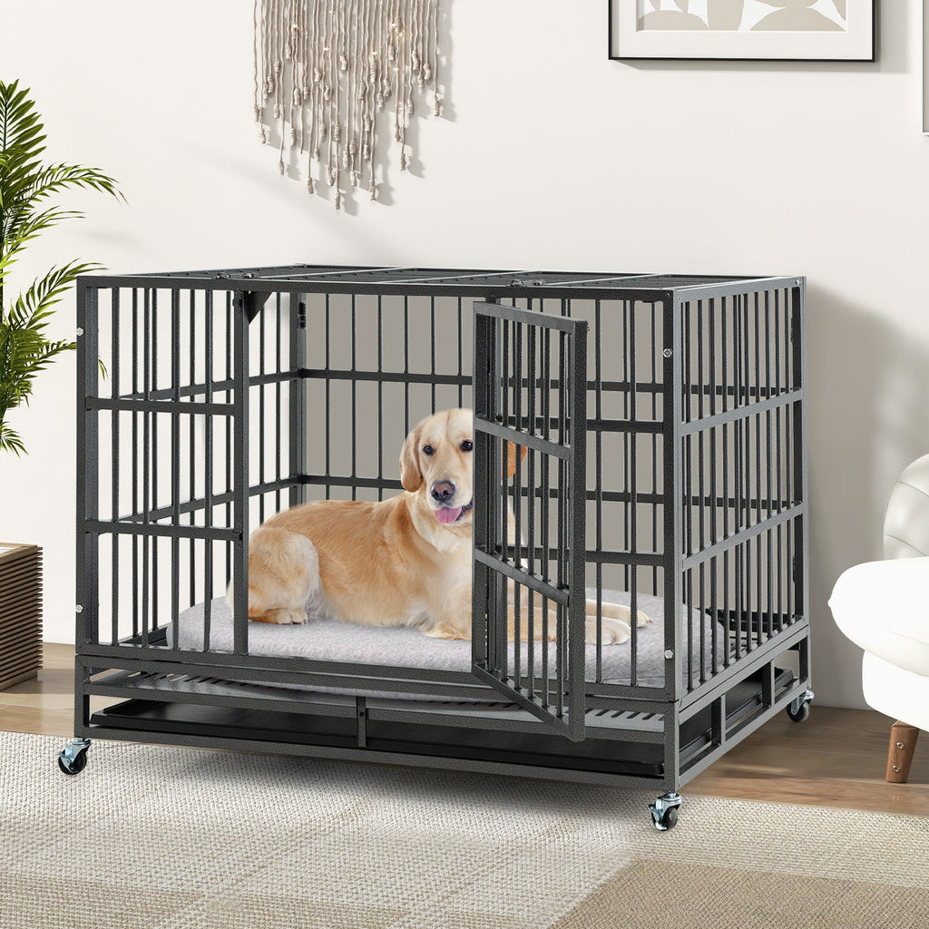 48 Inch Foldable Heavy-Duty Metal Dog Cage with Lockable Rolling Casters and Tray-48 inches