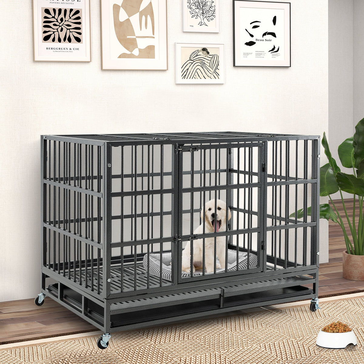 48 Inch Foldable Heavy-Duty Metal Dog Cage with Lockable Rolling Casters and Tray-48 inches