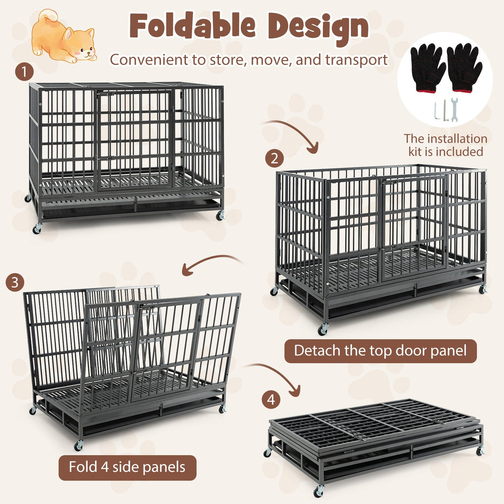 48 Inch Foldable Heavy-Duty Metal Dog Cage with Lockable Rolling Casters and Tray-48 inches