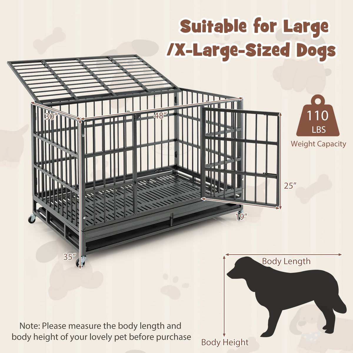 48 Inch Foldable Heavy-Duty Metal Dog Cage with Lockable Rolling Casters and Tray-48 inches