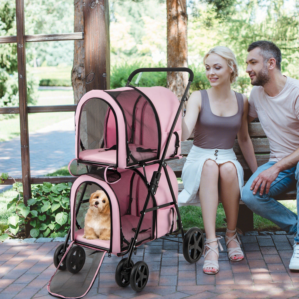 4-in-1 Double Pet Stroller with Detachable Carrier and Travel Carriage-Pink