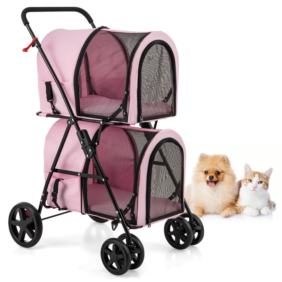 4-in-1 Double Pet Stroller with Detachable Carrier and Travel Carriage-Pink