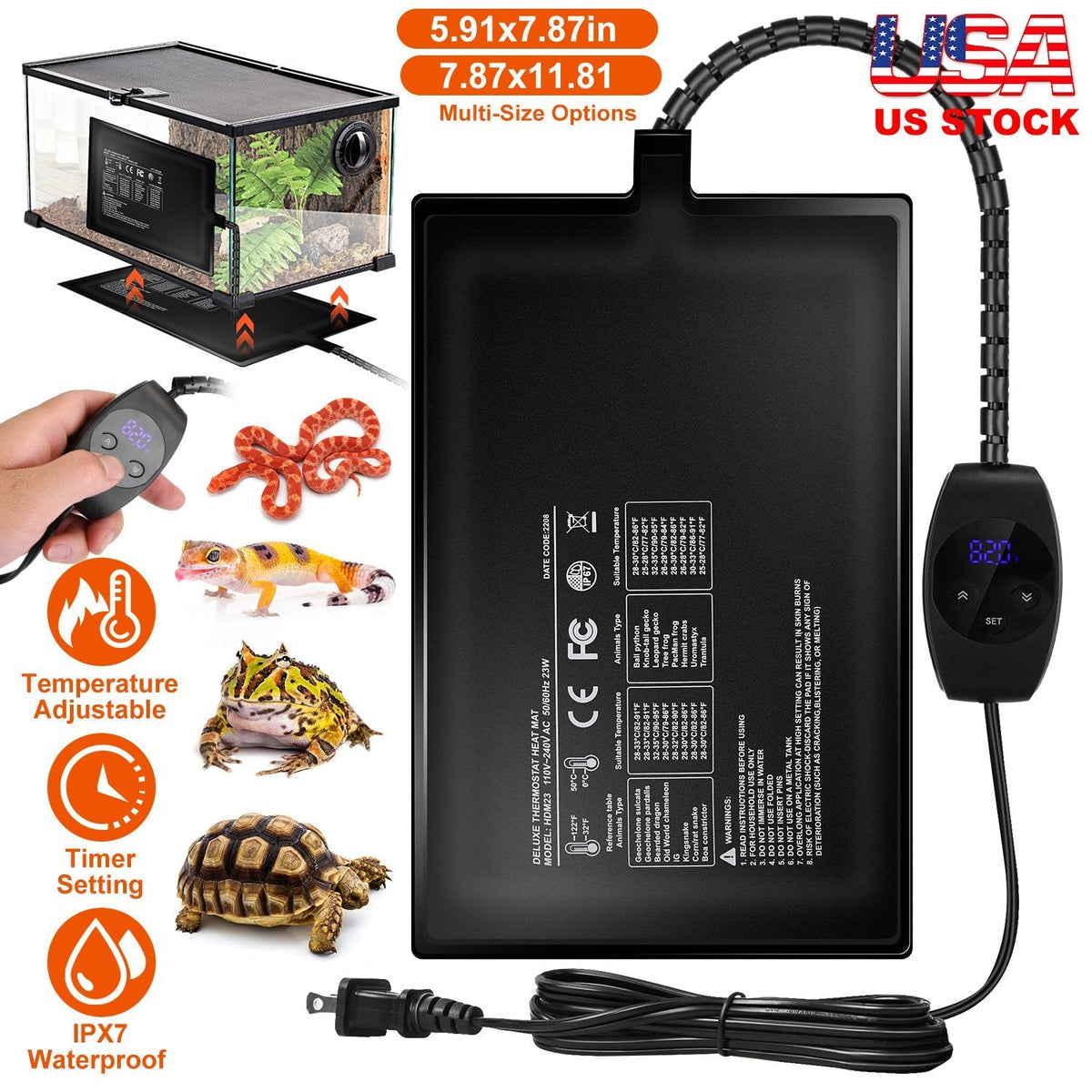 Electric Reptile Heating Pad With 32-122¡F Temperature Adjustment IPX7 Waterproof Timer Setting Under Tank Heating Mat for Lizards Turtles Snake Spide