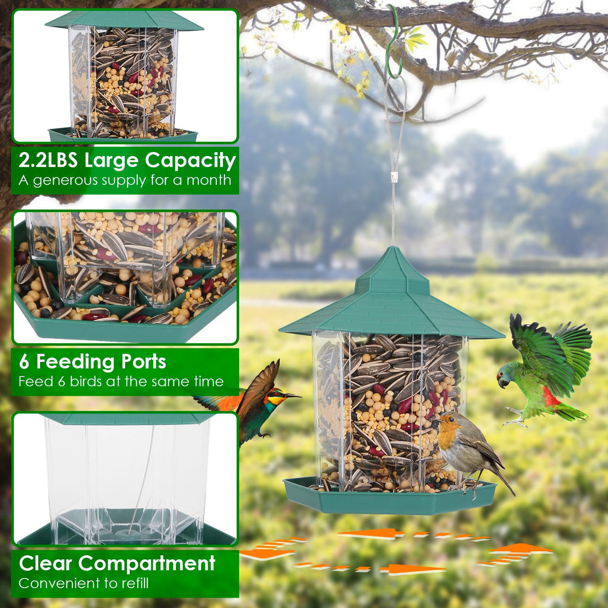 Hanging Gazebo Wild Bird Feeder Outdoor Bird Seed Station with Large Capacity 6 Feeder Ports for Garden Patio Park Weatherproof Easy To Refill