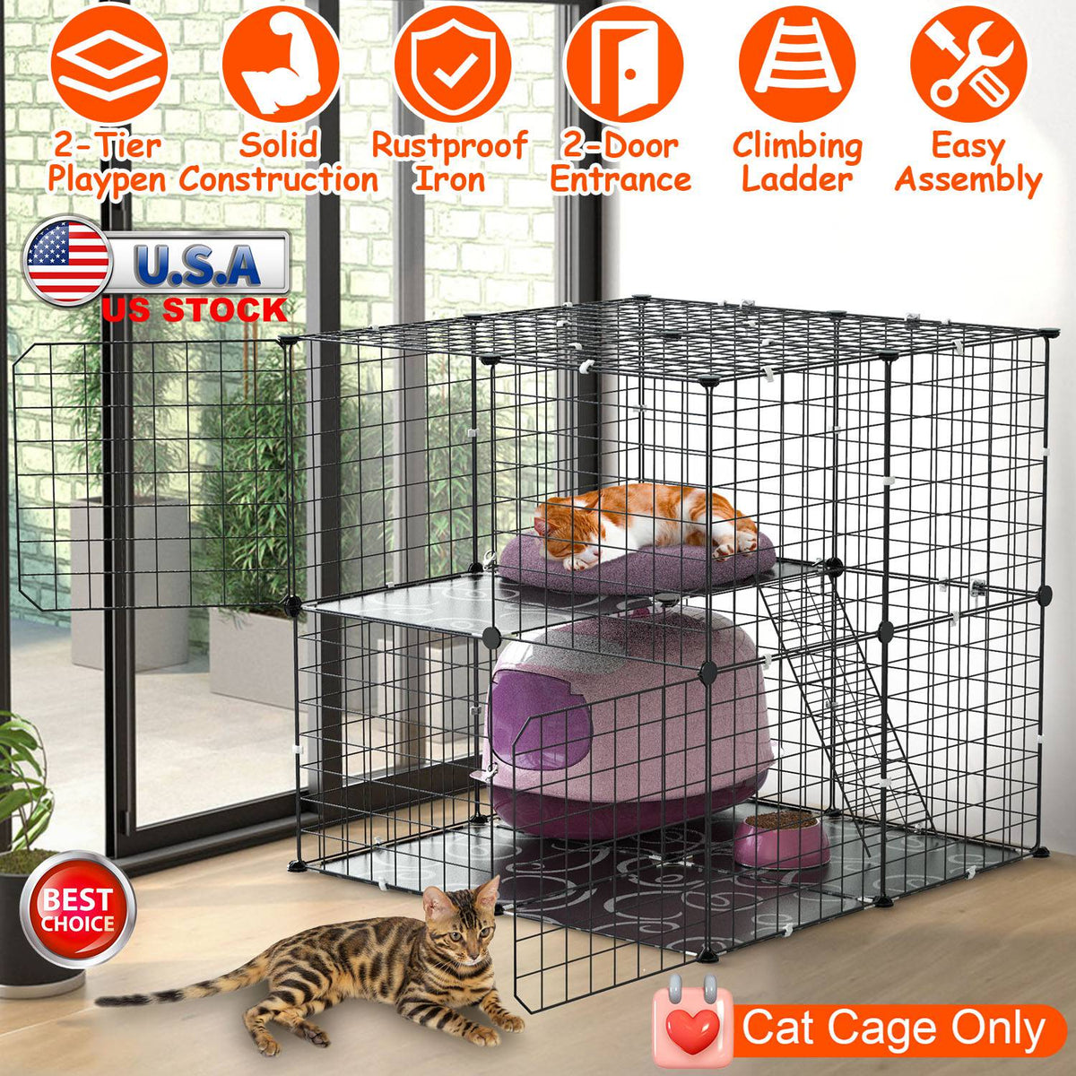 2-Tier Cat Cage Playpen with Ladder & 2 Doors for Indoor Pets
