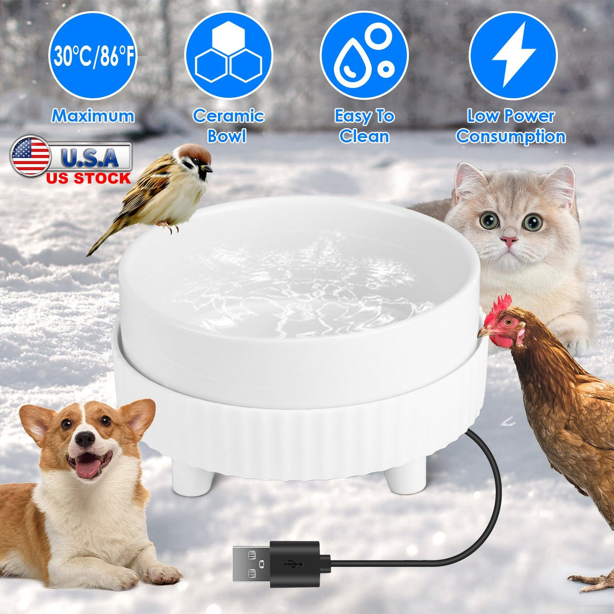 Heated Water Bowl For Dogs And Cats Ceramic Heated Pet Water Bowl Food Warmer USB Powered Thermal Pet Bowl Provide Fresh Non Freezing Drinkable Water