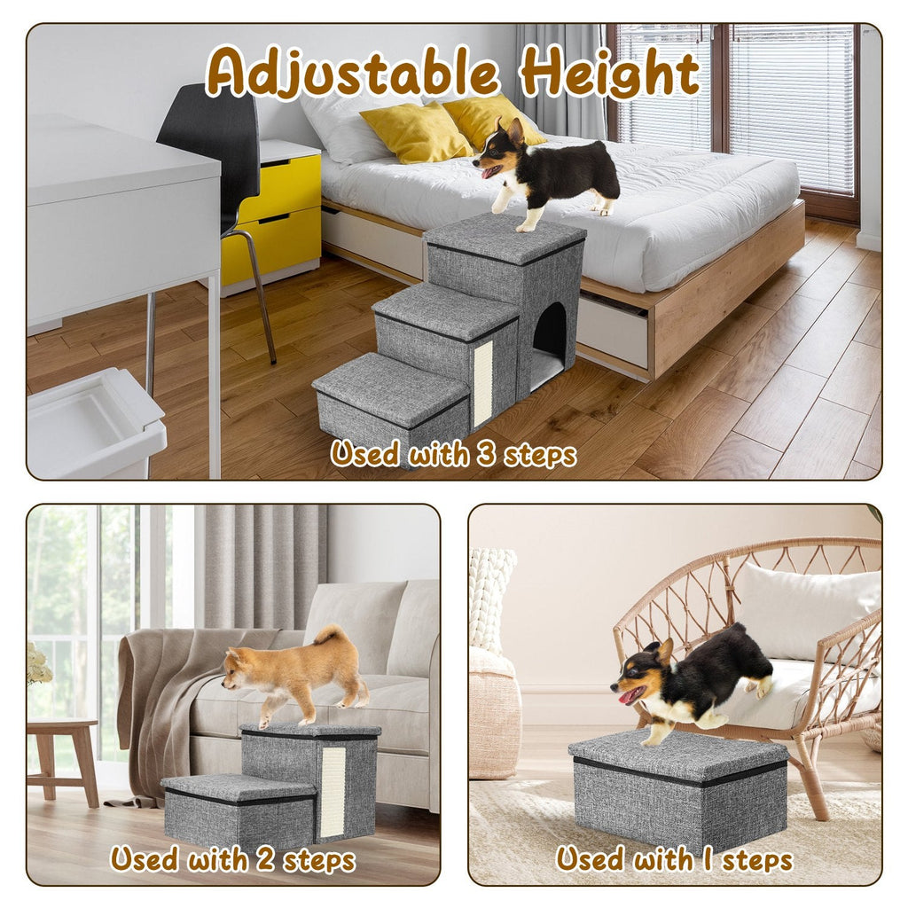 4-in-1 Foldable Pet Stairs with Storage, Scratcher & Pet House