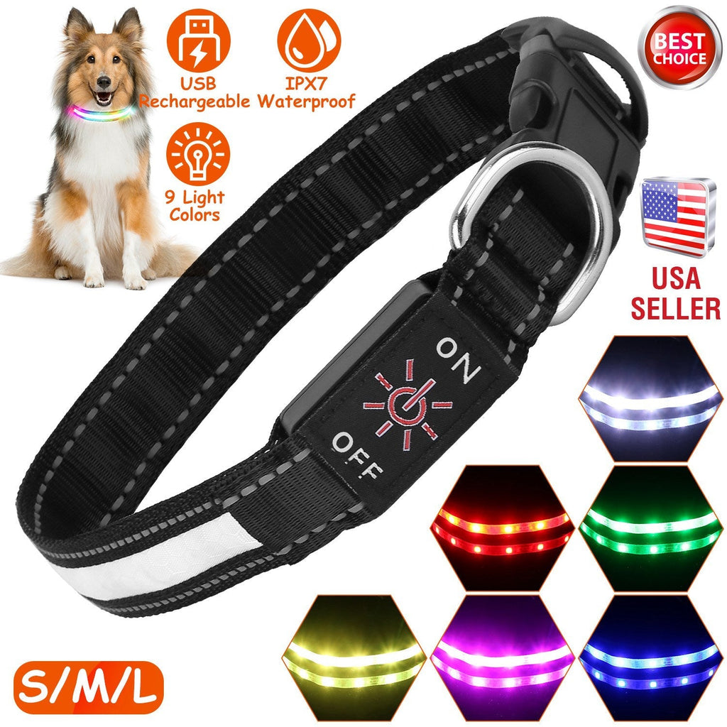 Light Up Dog Collar LED Dog Collar Safety Night Glowing Dog Collar with 9 Light Colors IPX7 Waterproof USB Rechargeable S/M/L