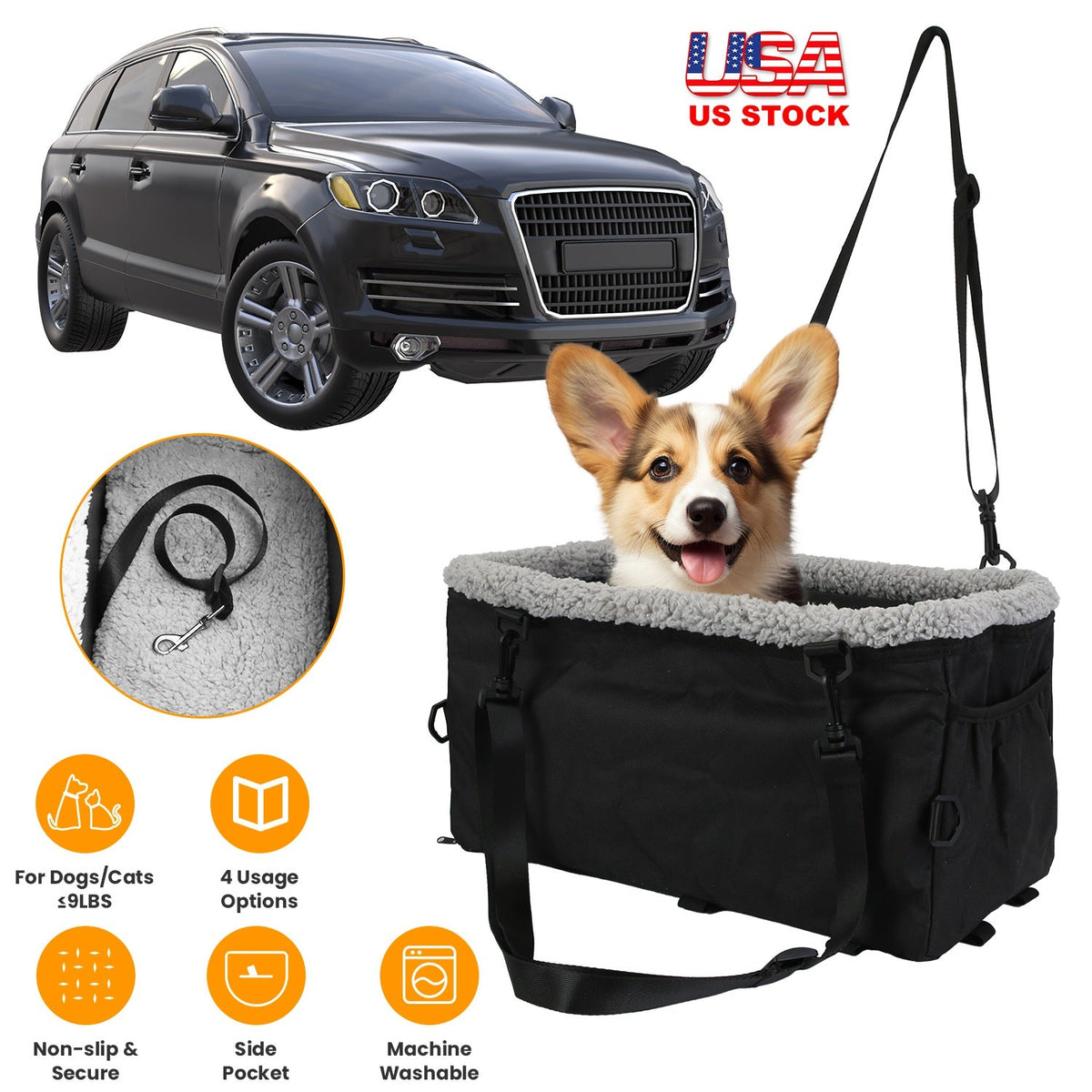 Small Dog Car Seat with Harness Center Console Pet Booster Seat Travel Car Seat with Side Pocket Cotton Velvet Cushion for Dogs Cats Up to 9LBS