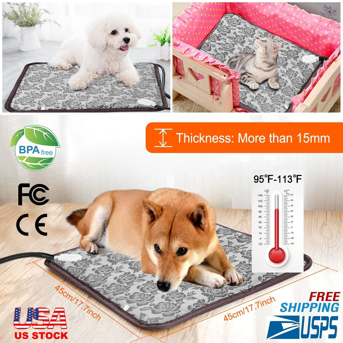Pet Heating Pad Dog Cat Electric Heating Mat Waterproof Adjustable Warming Blanket with Chew Resistant Steel Cord Case