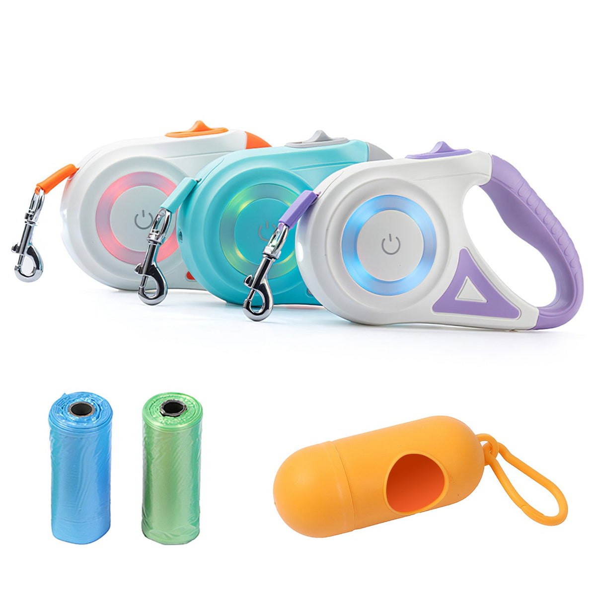16FT Retractable Dog Leash Extendable Pet Leash Dog Walking Leash with Flashlight RGB Light 2 Rolls of Waste Bags Dispenser Fit for 66-110lbs