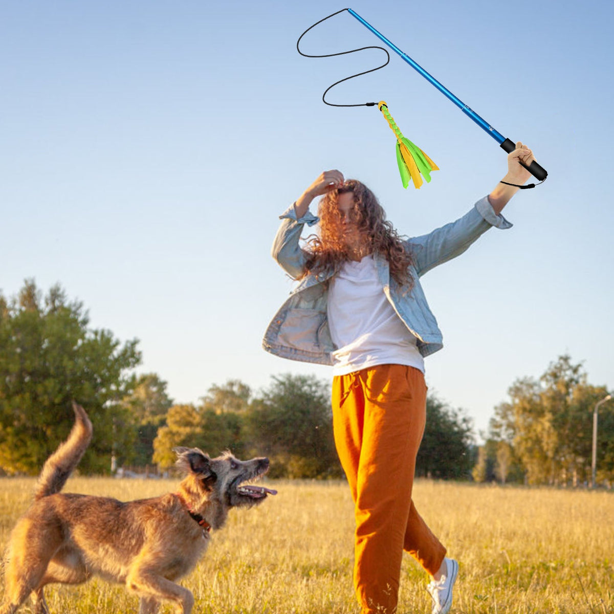 Extendable Dog Flirt Pole with Lure 10.23-26.77in Teaser Wand with 2 Replaceable Interactive Tail Toys For Small Medium Large Dogs Training Exercise T