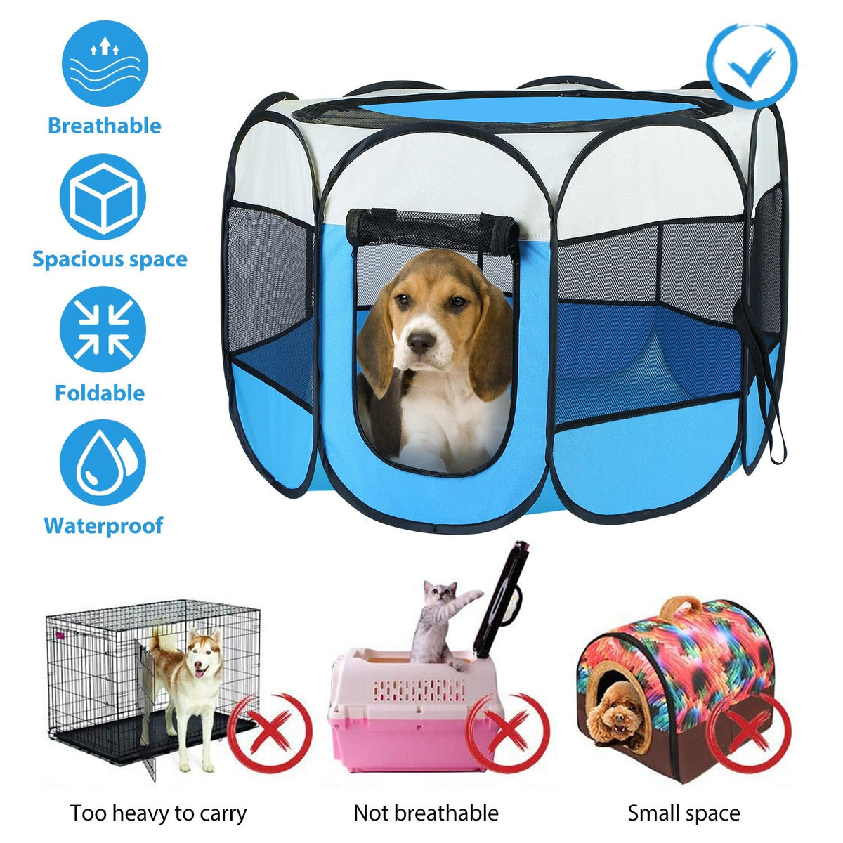 Portable Foldable Pet Tent Exercise Pen Kennel Removable Zipper Top and Bottom Water Resistant Indoor Outdoor Use For Dogs Cats Other Pets