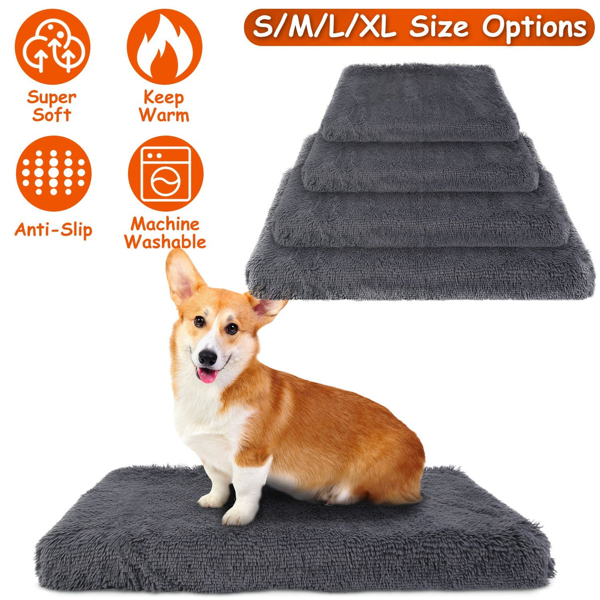 Dog Bed Soft Plush Cushion Cozy Warm Pet Crate Mat Dog Carpet Mattress with Long Plush for S/M Dogs