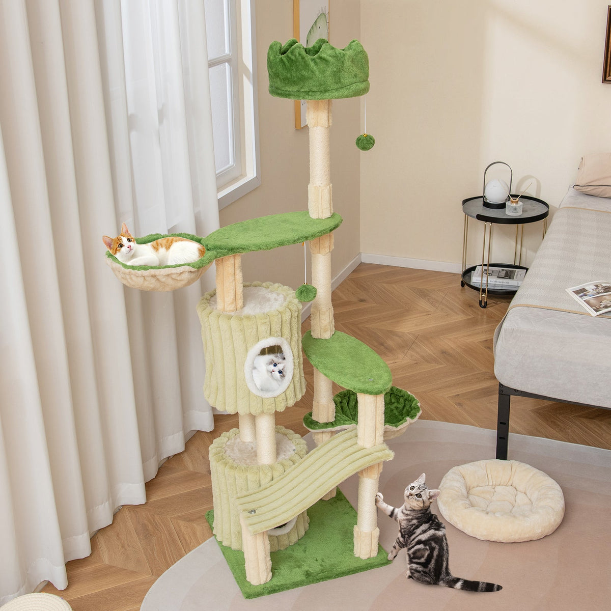63 Inch Multi-Level Aesthetic Stripped Kitten Tower with 2 Condos-Green