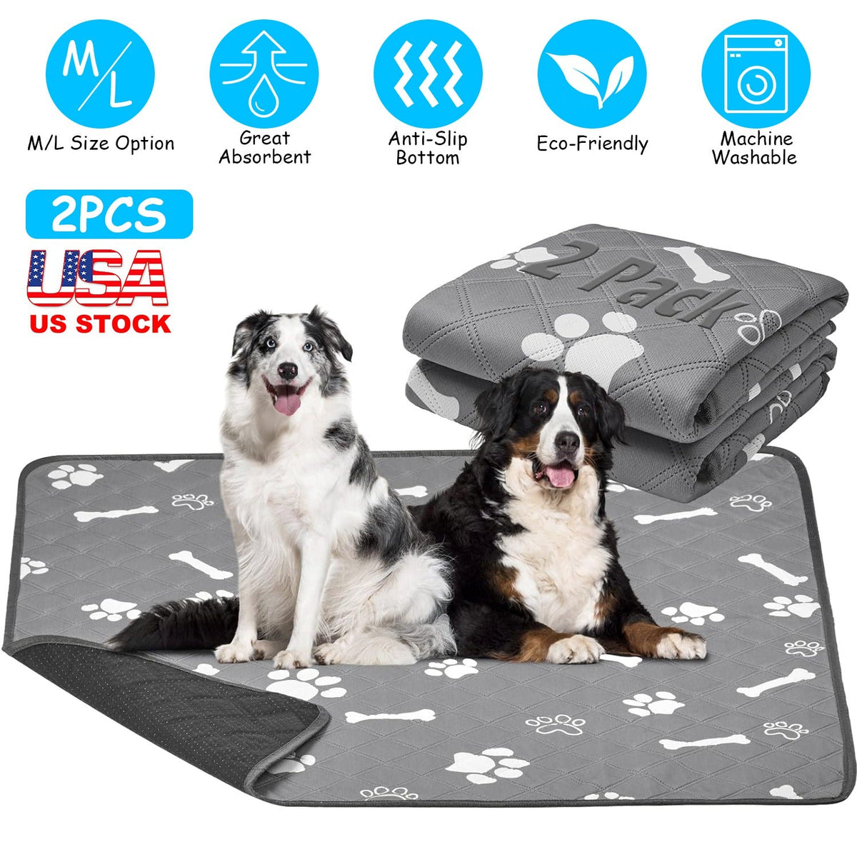 2Pcs Washable Pet Pee Pads For Puppy Kittens Dogs Cats Reusable Potty Mats Machine Washable Pet Training Pads Non-Slip Waterproof Absorbent Dog Crate