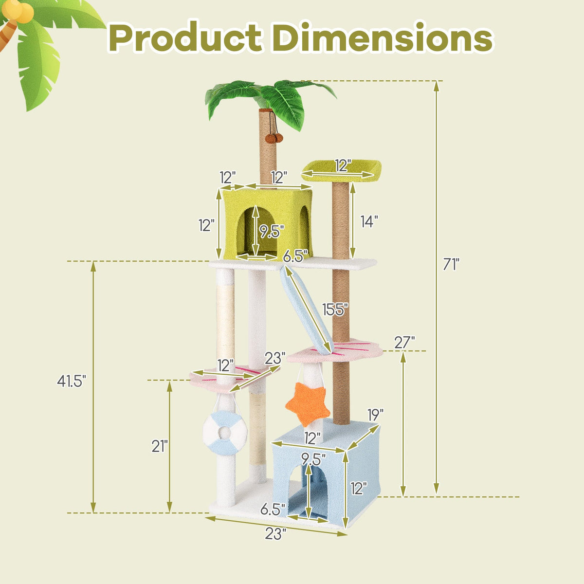 71 Inch Cat Tree Multi-Level Aesthetic Beach-Themed Kitten Tower-Colorful