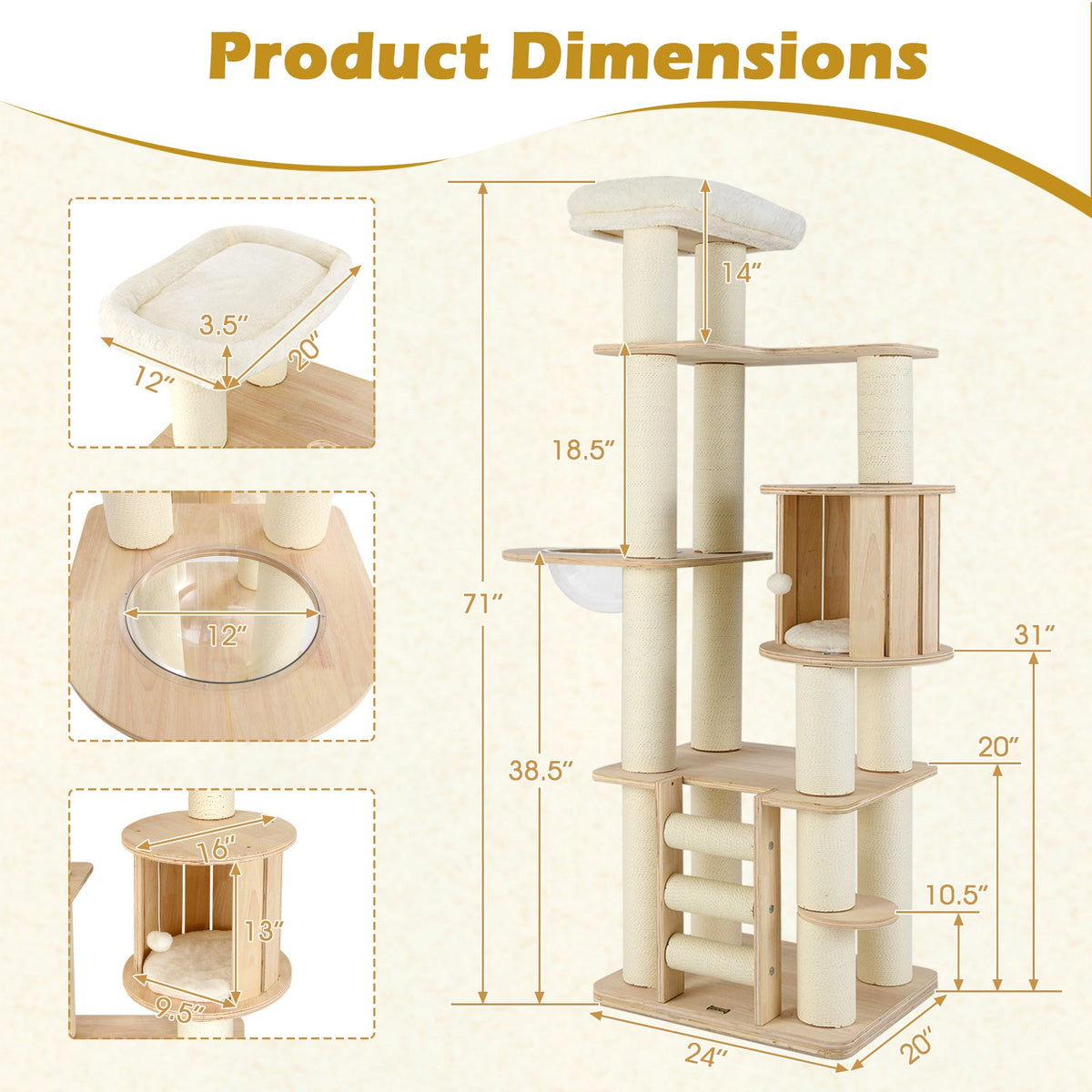 71 Inch Tall Cat Tree Wooden Cat Tower with Cozy Perch Condo Space Capsule-Natural