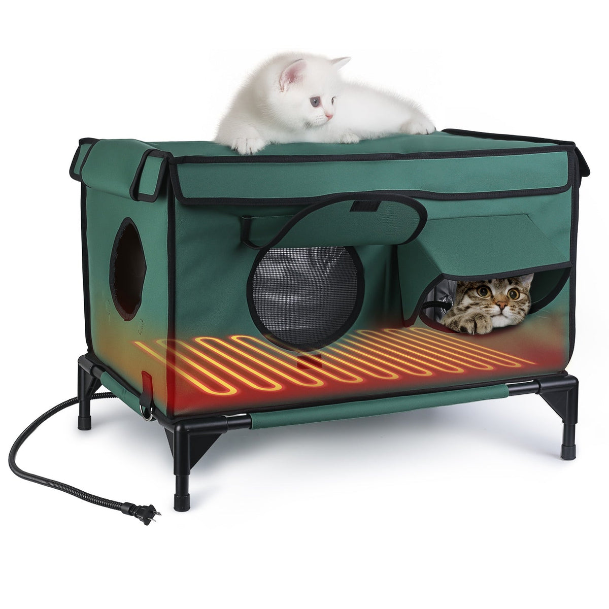Waterproof Heated Cat House Outdoor Weatherproof Insulated Kitty Shelter Feral Cat Heating Bed with Heating Pad Anti-Chew Cord 2 Doors 3 Windows for I