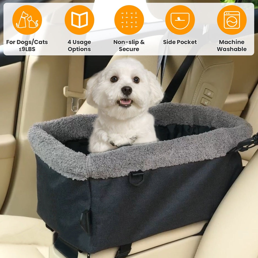 Small Dog Car Seat with Harness Center Console Pet Booster Seat Travel Car Seat with Side Pocket Cotton Velvet Cushion for Dogs Cats Up to 9LBS