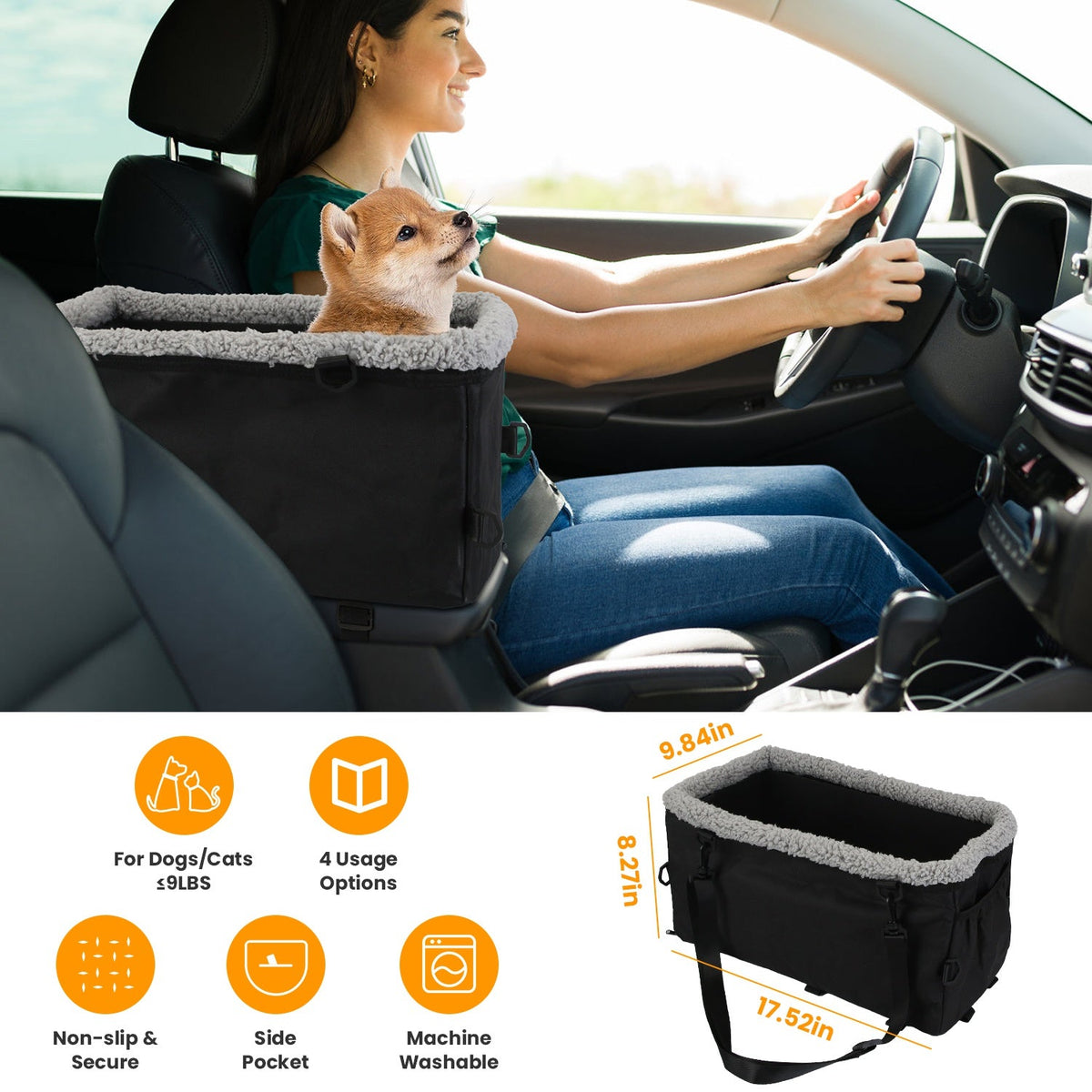 Small Dog Car Seat with Harness Center Console Pet Booster Seat Travel Car Seat with Side Pocket Cotton Velvet Cushion for Dogs Cats Up to 9LBS
