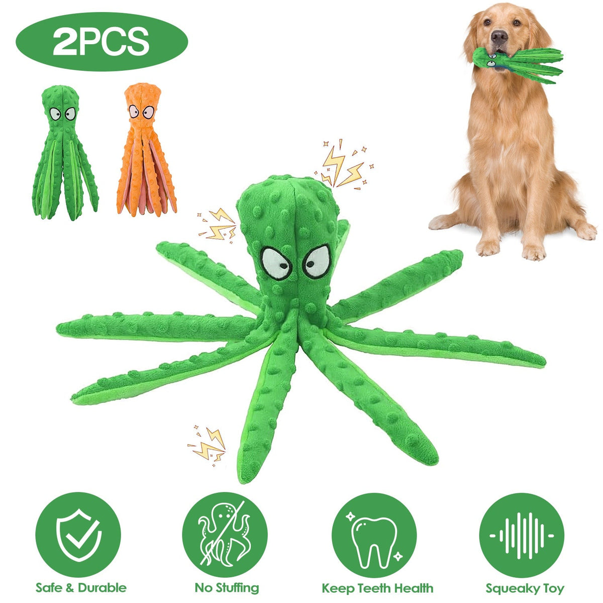 2Pcs Squeaky Dog Toys No Stuffing Crinkle Plush Octopus Dog Teething Toy Interactive Dog Toy Dog Training Toy For Puppy Small Medium Large Dog