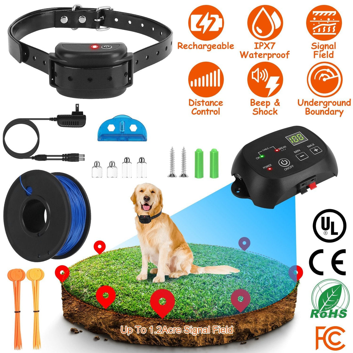 Dog Fence System Pet Containment System with 100 Adjustable Levels IPX7 Waterproof Rechargeable Receiver Underground Fence for Small Medium Large Dog