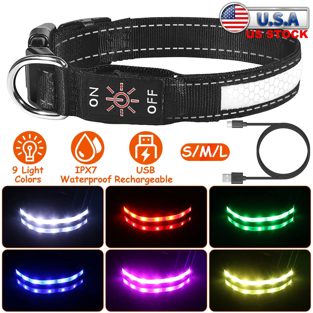 Light Up Dog Collar LED Dog Collar Safety Night Glowing Dog Collar with 9 Light Colors IPX7 Waterproof USB Rechargeable S/M/L