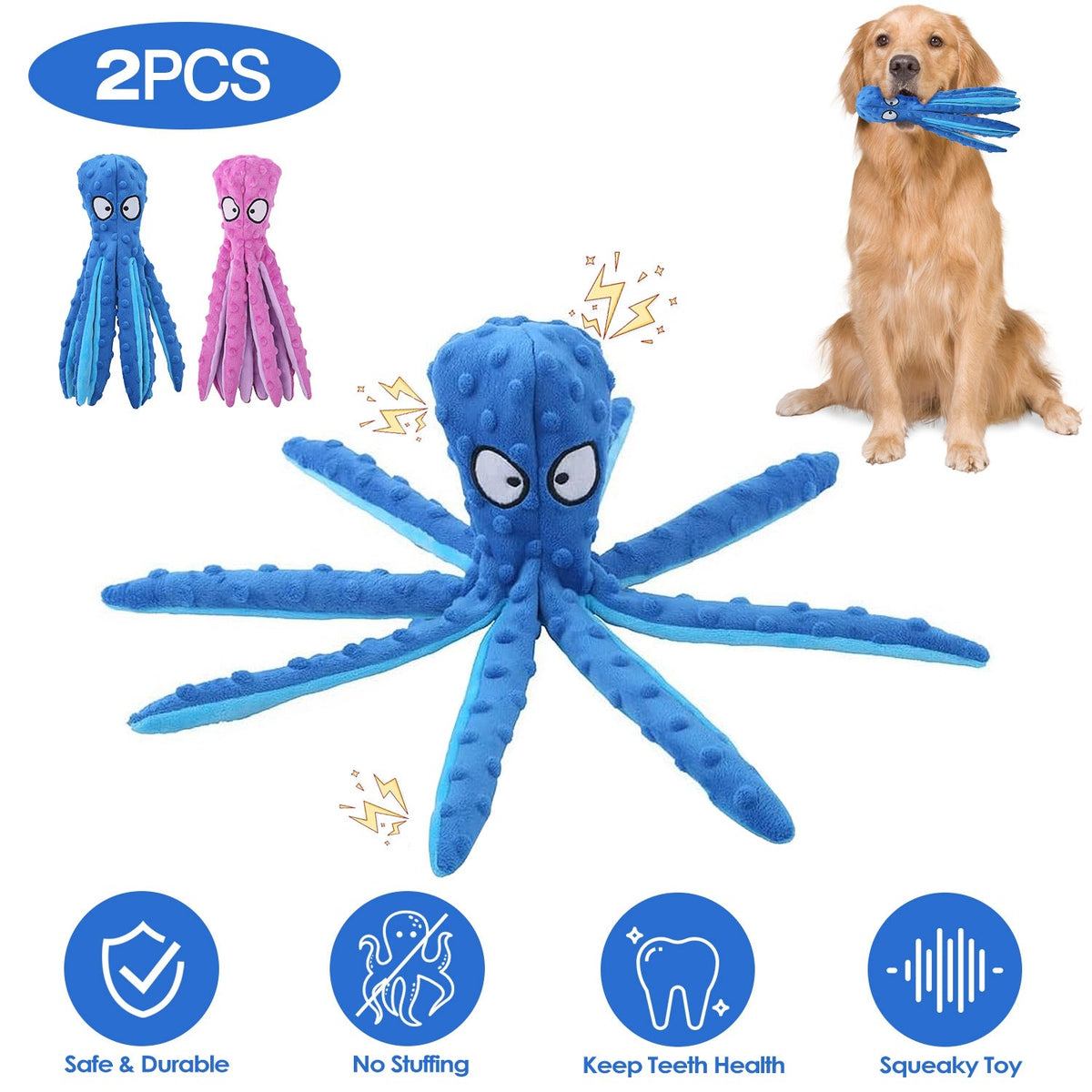 2Pcs Squeaky Dog Toys No Stuffing Crinkle Plush Octopus Dog Teething Toy Interactive Dog Toy Dog Training Toy For Puppy Small Medium Large Dog