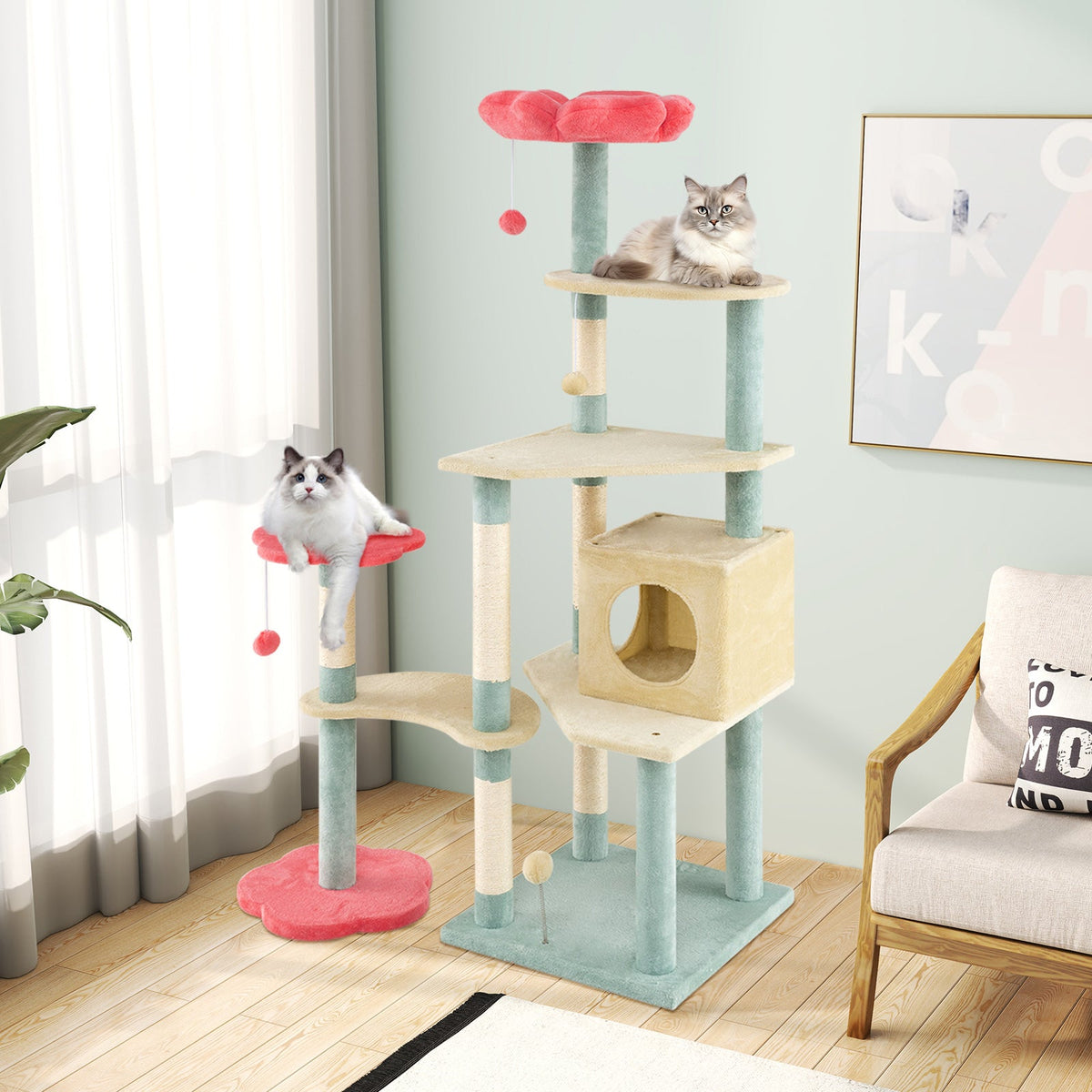 61 Inch Multi-Level Aesthetic Floral Kitten Tower with Flower-Shaped Padded Perch-Multicolor