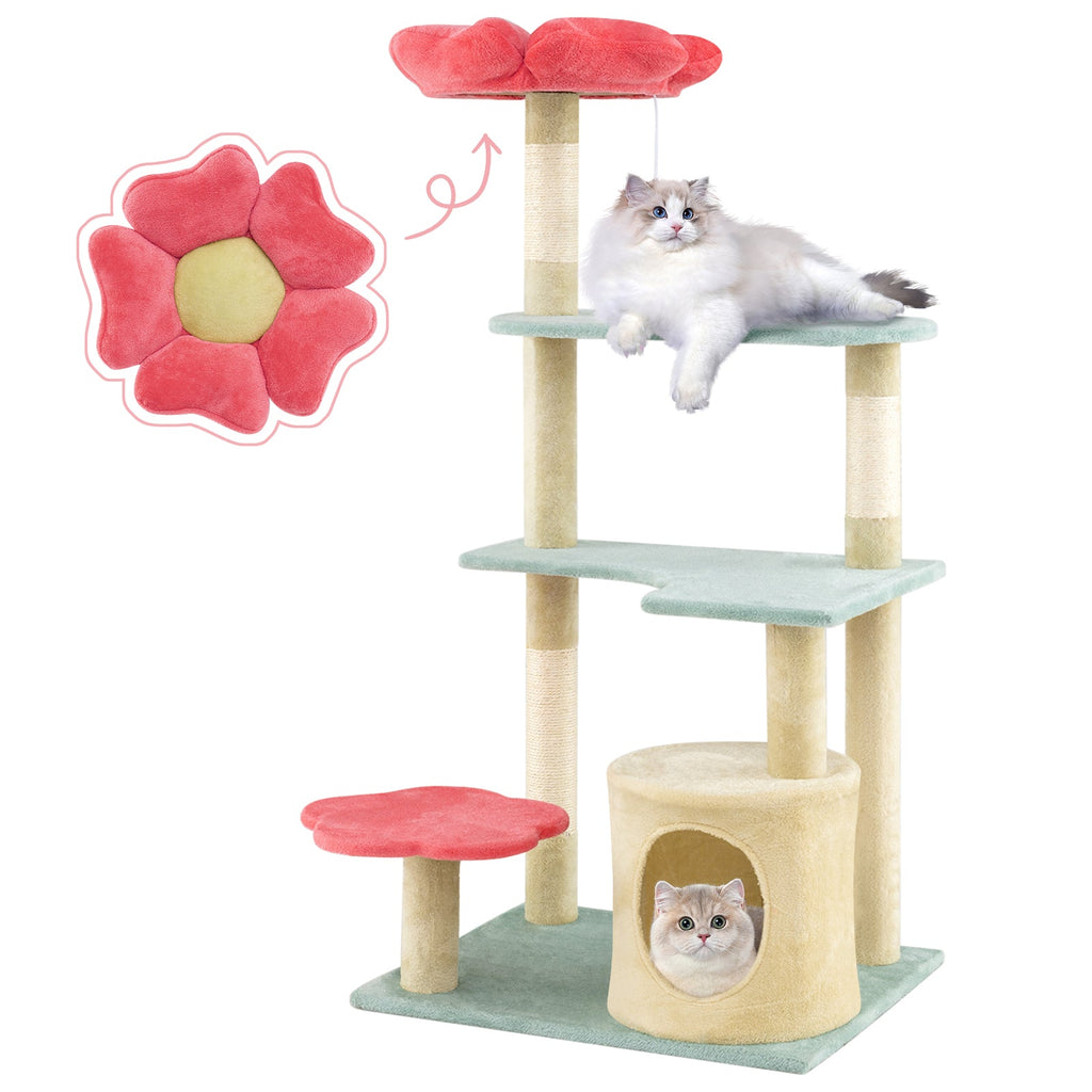 49 Inch Tall Multi-Level Aesthetic Floral Kitten Tower with Flower-Shaped Plush Padded Perch-Multicolor
